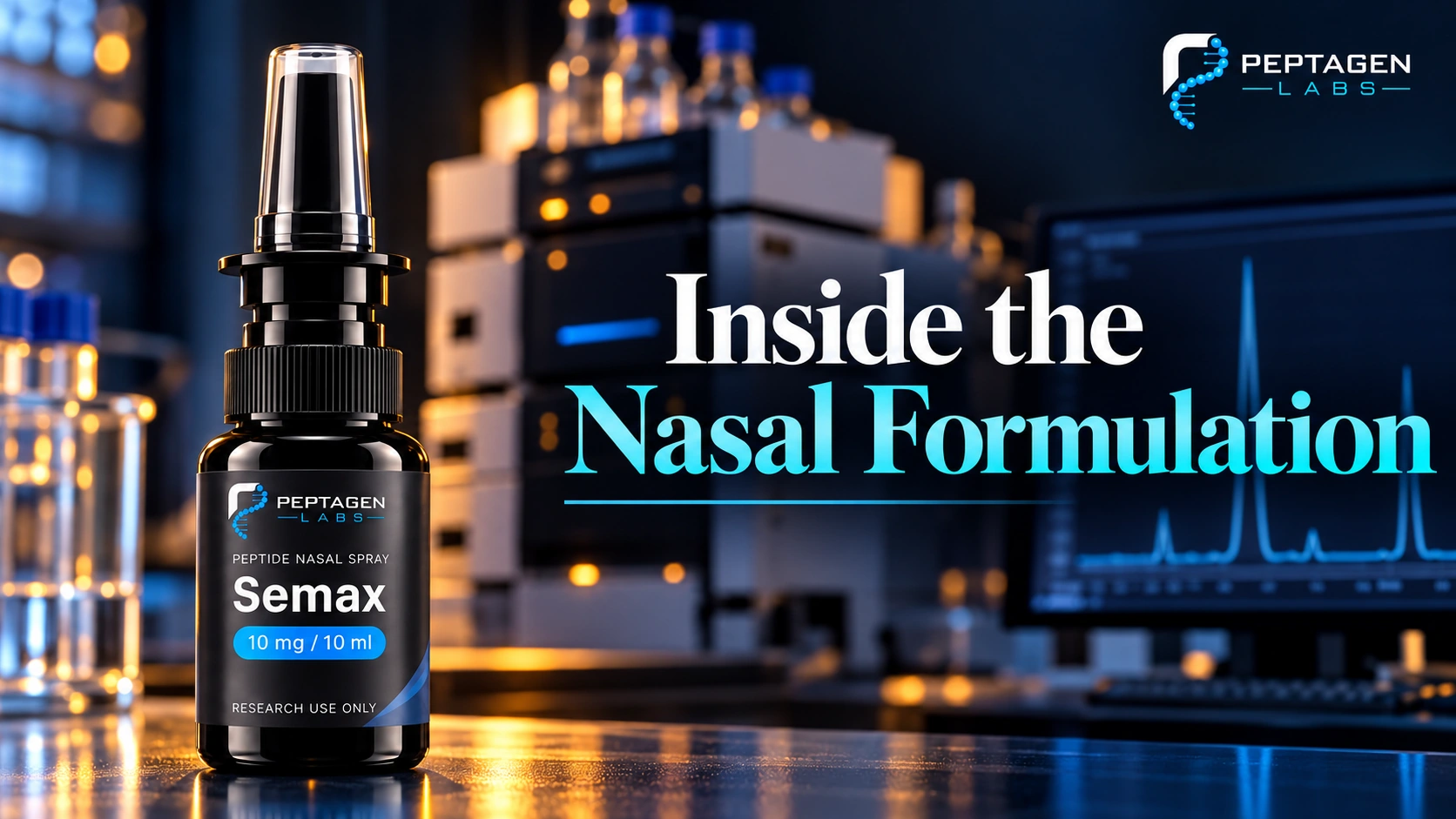 Branded nasal spray bottle presented as an editorial formulation illustration.